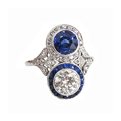 Antique Edwardian 1920's 3.39ct t.w. Old European Cut Diamond & Blue Sapphire Toi Et Moi Engagement Anniversary Ring Platinum