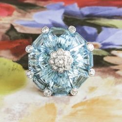Vintage 16.46ct t.w. Aquamarine Diamond Ring Retro 1940's Aquamarine Diamond Cocktail Statement Birthstone Ring Platinum