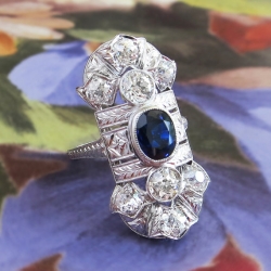 Edwardian Sapphire Diamond Ring Antique 1920's Blue Sapphire Diamond Hand Engraved Filigree Platinum Engagement Birthstone Cocktail Ring