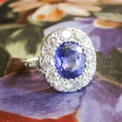 Vintage Estate 1940's 6.36ct t.w. No Heat Violet Blue Sapphire & Diamond Halo Engagement Ring 18k White Gold