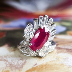Vintage Ruby Diamond Ring Circa 1950's 3.43ct t.w. Ruby Diamond Cocktail Anniversary Birthstone Ring Platinum