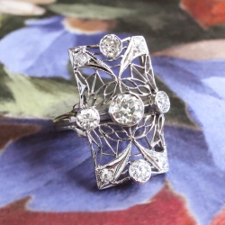 Art Deco Old European Cut Diamond Lacey Filigree Statement Ring 14k White Gold