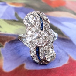 Antique Edwardian 1920's 2.22ct t.w. Old European Cut Diamond & Blue Sapphire Engagement Anniversary Cocktail Ring Platinum