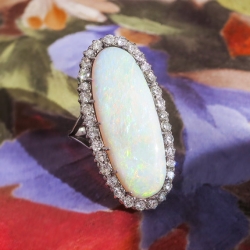 Vintage Estate 1940's Solid Opal & Diamond Halo Filigree 14k White Gold Engagement Cocktail Anniversary Ring  