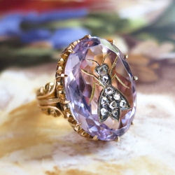 Antique Victorian 1890's Rose de France Amethyst Rose Cut Diamond Insect Fly Ring 14k Rose Yellow Gold