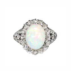 Vintage Edwardian 1920's Old European Cut Diamond Opal Halo Birthstone Anniversary Engagement Ring 14k White Yellow Gold
