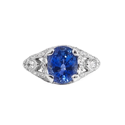 Estate Vintage 1990's Blue Sapphire Diamond Hand Engraved Platinum Ring