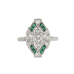 Vintage Art Deco 1930's .35ct t.w. Natural Green Emerald & Diamond Hand Engraved Platinum Ring