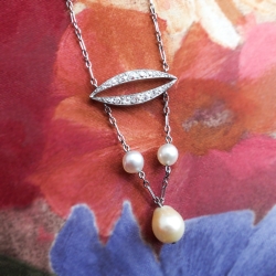 Antique Art Nouveau Edwardian 1900's Pearl Diamond Wedding Birthstone Pendant Necklace Platinum