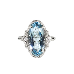 Art Deco Vintage 1930's Oval Aquamarine Diamond Anniversary Engagement Birthstone Cocktail Filigree 14k White Gold Ring