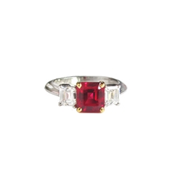 Estate Rare Tiffany & Co. Natural Red Ruby Diamond Three Stone Engagement Anniversary Birthstone Ring 18k Yellow Gold Platinum