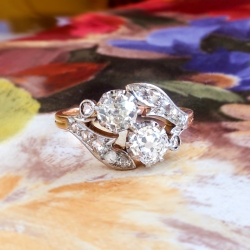 Antique 1890's Victorian Old Mine Cut Bypass Toi Et Moi Engagement Ring Anniversary 18k Rose Gold Platinum