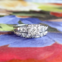 Vintage Retro 1940's .41ct t.w. Jabel Barth Diamond Engagement Ring Bridal Wedding Set Band 18k White Gold