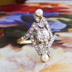 Antique Art Nouveau 1900's .85ct t.w. Old European Cut Diamond Pearl Navette Ring Platinum 18k Gold 