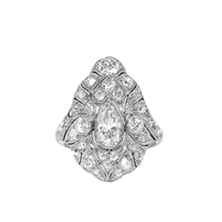 Art Deco Pear Diamond Old European Cut Diamond Hand Engraved Platinum Ring