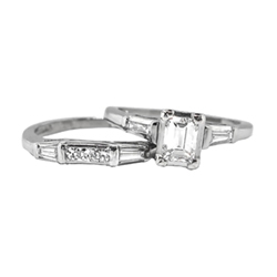 Vintage Estate Retro 1950's Emerald Cut Baguette Single Cut Diamond Wedding Engagement Ring Band Set Platinum