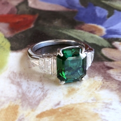 Estate Verdelite Brazilian Green Tourmaline Baguette Diamond Ring Platinum