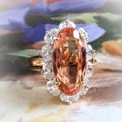 Estate Oscar Heyman Imperial Precious Peach Topaz & Oval Diamond Halo Ring 18k Yellow Gold Platinum