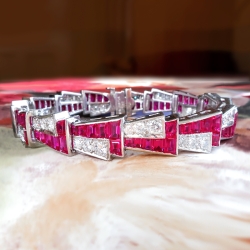 Vintage Huge 17.40ct t.w. 1940's Retro Lab Ruby & Diamond Bracelet Platinum Fits 6.5-6.75' Inch Wrist