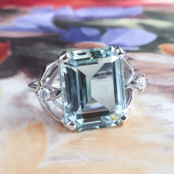 Vintage Aquamarine Diamond Ring 1960's 8.86ct t.w. Emerald Cut Aquamarine Birthstone Anniversary Engagement Ring 14k White Gold