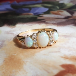 Antique Opal Diamond Ring Circa 1890's Victorian 3 Stone Opal Old Mine Cut Diamond Ring 18k Yellow Gold