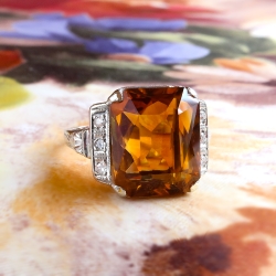 Art Deco Emerald Cut Citrine Diamond Ring Circa 1930's Vintage Filigree Birthstone Ring 14k White Gold