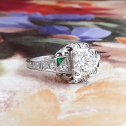 Art Deco Engagement Ring Vintage 1930's Old European Cut Diamond Lab Emerald Engagement Wedding Anniversary Ring Platinum