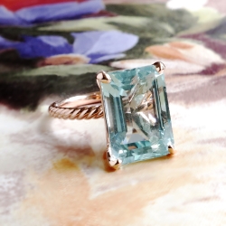 Vintage Emerald Cut Aquamarine Solitaire Ring Circa 1990's Braided Rope 14k Rose Gold Cocktail Statement Ring