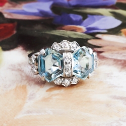 Vintage Blue Topaz Diamond Ring Circa 1940's Retro Bow Wedding Something Blue Ring Palladium