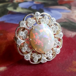 Vintage Opal Diamond Ring Circa 1940's 5.40ct t.w. Re-Worked Old European Single Cut Diamond Engagement Anniversary Birthstone Gold Ring