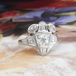 Art Deco Diamond Ring 1930's .80ct t.w. Vintage Old European Marquise Cut Diamond Unique Engagement Anniversary Ring 14k White Gold
