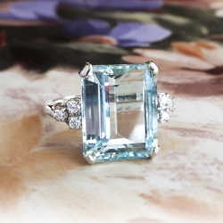 Vintage Emerald Cut Aquamarine Diamond Ring Circa 1970's  Ring 14k White Gold