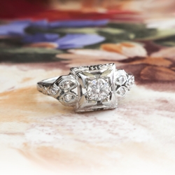 Art Deco Engagement Ring Vintage Circa 1930's Box Set Diamond Engagement Ring 18k White Gold