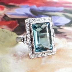 Estate Emerald Cut Aquamarine Diamond Milgrain Halo Birthstone Unique Engagement Anniversary Ring Platinum