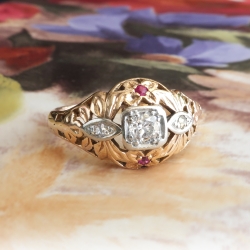 Art Deco Engagement Ring Circa 1930's Vintage Old European Cut Lab Ruby Engagement Ring 14k Rose Gold