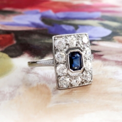 Edwardian Sapphire Diamond Ring Antique Circa 1920's Emerald Cut Blue Sapphire Diamond Engagement Wedding Anniversary Ring Platinum