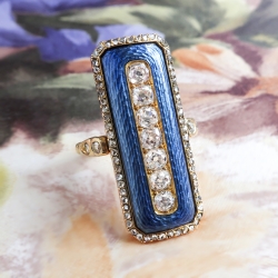 Antique Edwardian Diamond Ring Vintage Circa 1920's Blue Enamel Old Mine Cut Rose Cut Diamond 18k Yellow Gold Cocktail Ring