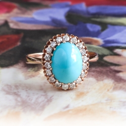 Art Deco Turquoise Ring Circa 1930's Russian Turquoise Single Cut Diamond Halo Ring 14k Rose 