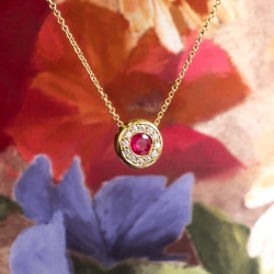 Vintage Ruby Diamond Necklace Circa 1990's Natural Red Ruby Diamond Halo Pendant 18k Yellow Gold