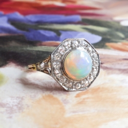 Art Deco Opal Old European Cut Diamond Halo Ring 18k Platinum