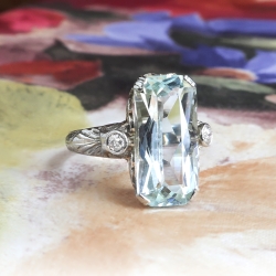 Art Deco Vintage 1930's Aquamarine Diamond Anniversary Engagement Birthstone Cocktail Filigree 18k White Gold Ring
