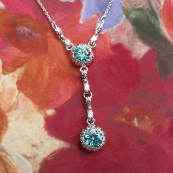 Art Deco 5.82ct t.w. Natural Rare Blue Zircon Filigree Engraved Floral Drop Necklace Pendant 14k 10k White Gold