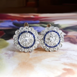 Art Deco Diamond Sapphire Earrings Circa 1930's Vintage Blue Sapphire Diamond Halo Earrings Platinum 18k Yellow Gold