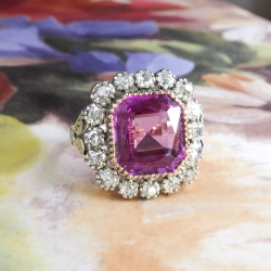 Antique Sapphire Diamond Ring Lab Pink Sapphire & Old Mine Cut Halo Unique Ring 18k Sterling Silver