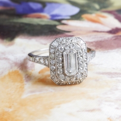 Vintage Emerald Cut Diamond Old European Cut Diamond Halo Filigree Hand Engraving Engagement Anniversary Platinum Ring 
