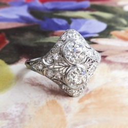 Antique Toi Et Moi Ring Circa Edwardian Old European Cut Diamond Filigree Platinum Engagement Anniversary Cocktail Ring