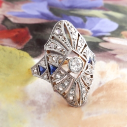 Edwardian Diamond Navette Ring Circa 1915 Blue Lab Sapphires & Old Rose Cut Diamond Cocktail Anniversary Ring 18k Platinum