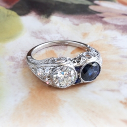 Art Deco Sapphire Ring Circa 1920's 2.43ct t.w. Double Old Cut Diamond Blueberry Blue Natural Sapphire Filigree Engagement Ring Platinum