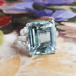Vintage 8.46ct t.w. Emerald Cut Aquamarine Ring Circa 1940's Diamond Birthstone Engagement Wedding Ring Platinum