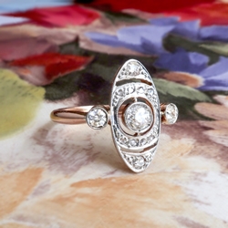 Antique Rose Gold Diamond Ring Art Nouveau 1900's .63ct t.w. Navette Cocktail Unique Engagement Ring 18k Platinum